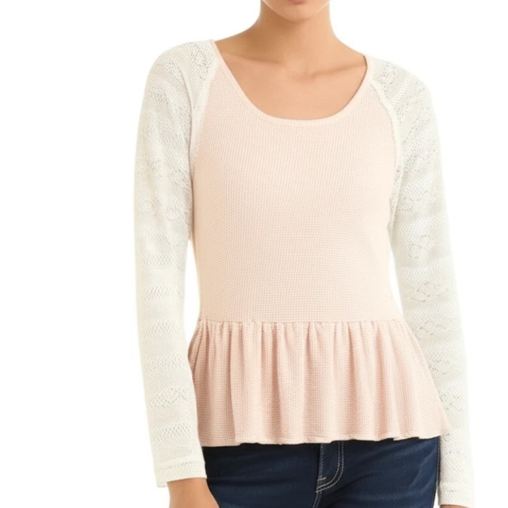 Free People We the free long-sleeve peplum thermal top with lace sleeves.  M